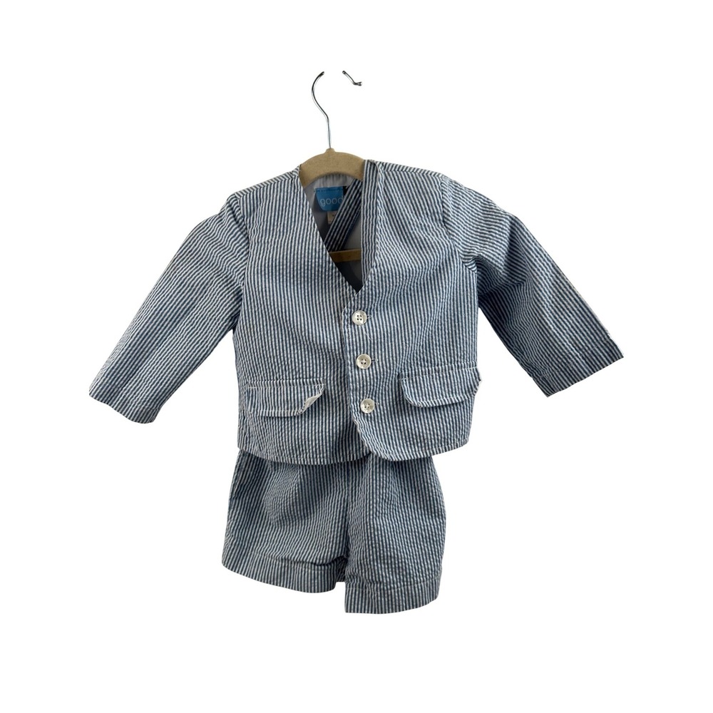 good lad Seersucker Set 18M Blue White Striped Jacket Suspender Shorts Toddler